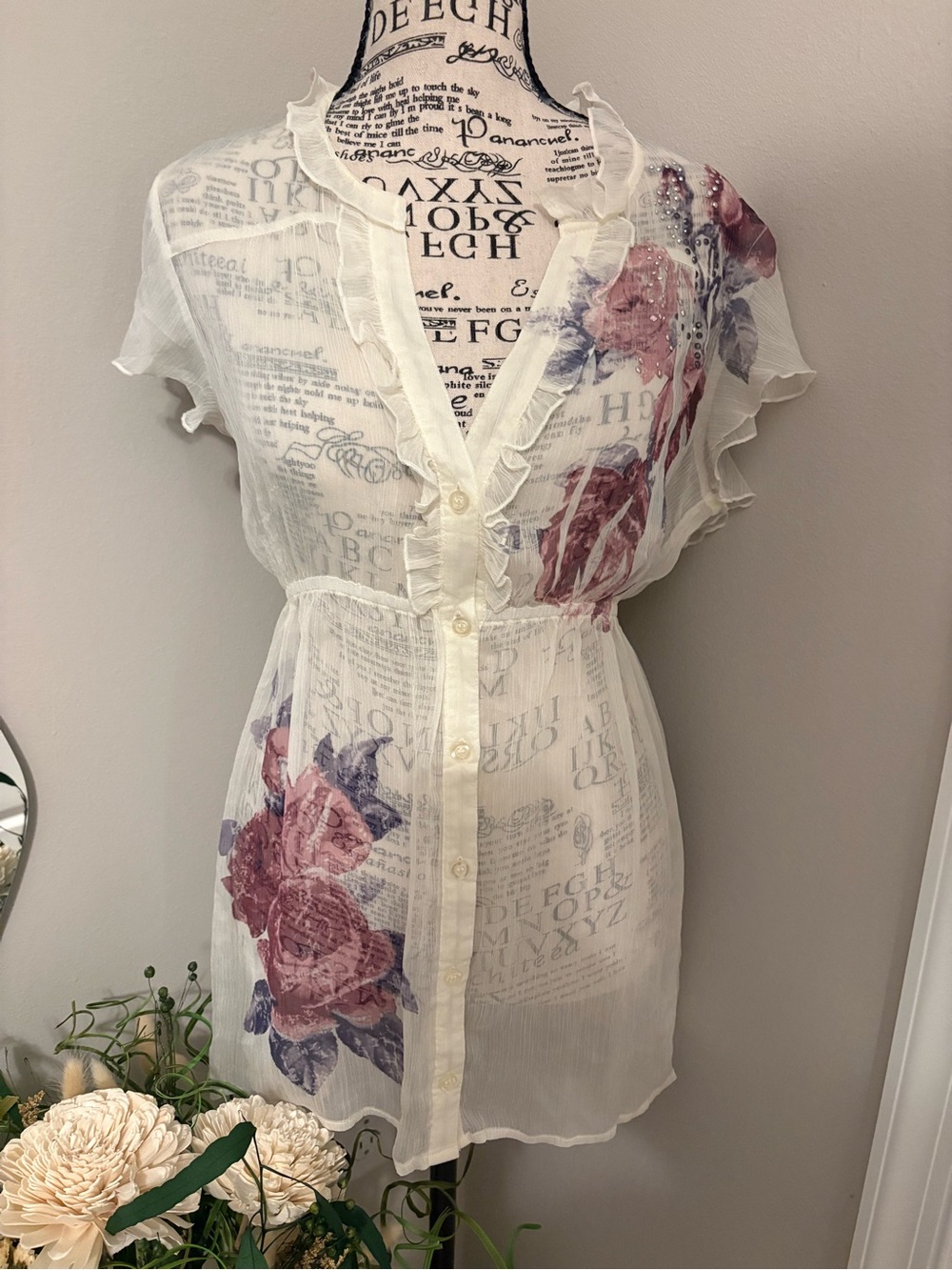 FANG Sheer Cream Blouse with Pink Floral Print